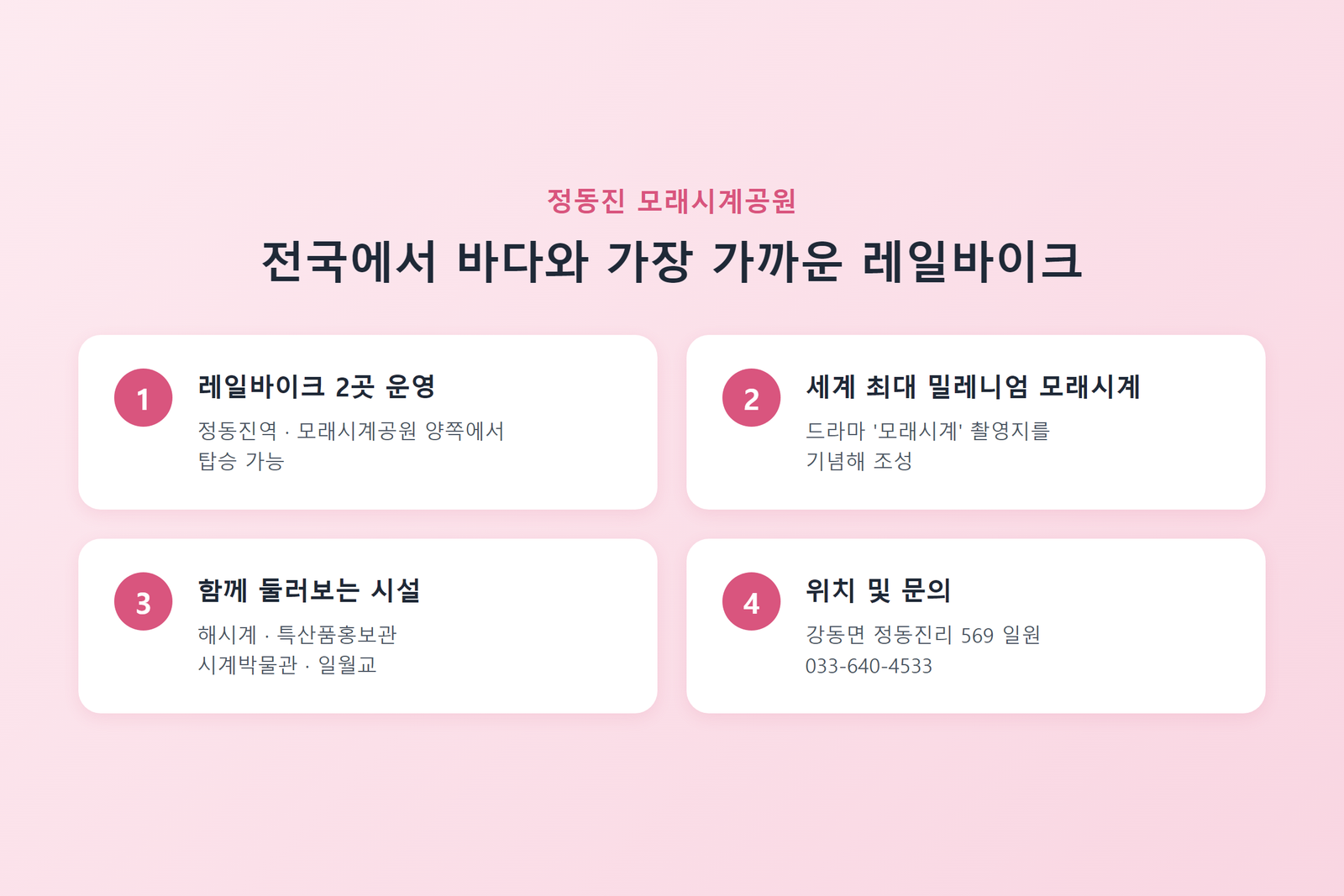 정동진 모래시계공원 핵심 정보 - 전국에서 바다와 가장 가까운 레일바이크, 세계 최대 밀레니엄 모래시계, 위치 및 문의