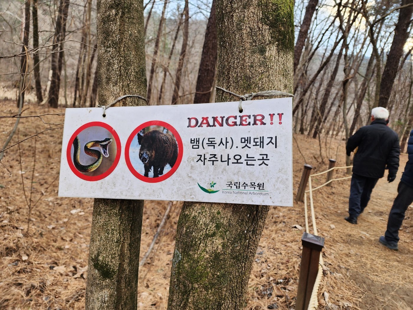 국립수목원 DANGER 안내판, 뱀(독사)과 멧돼지가 자주 나오는 곳이라는 경고