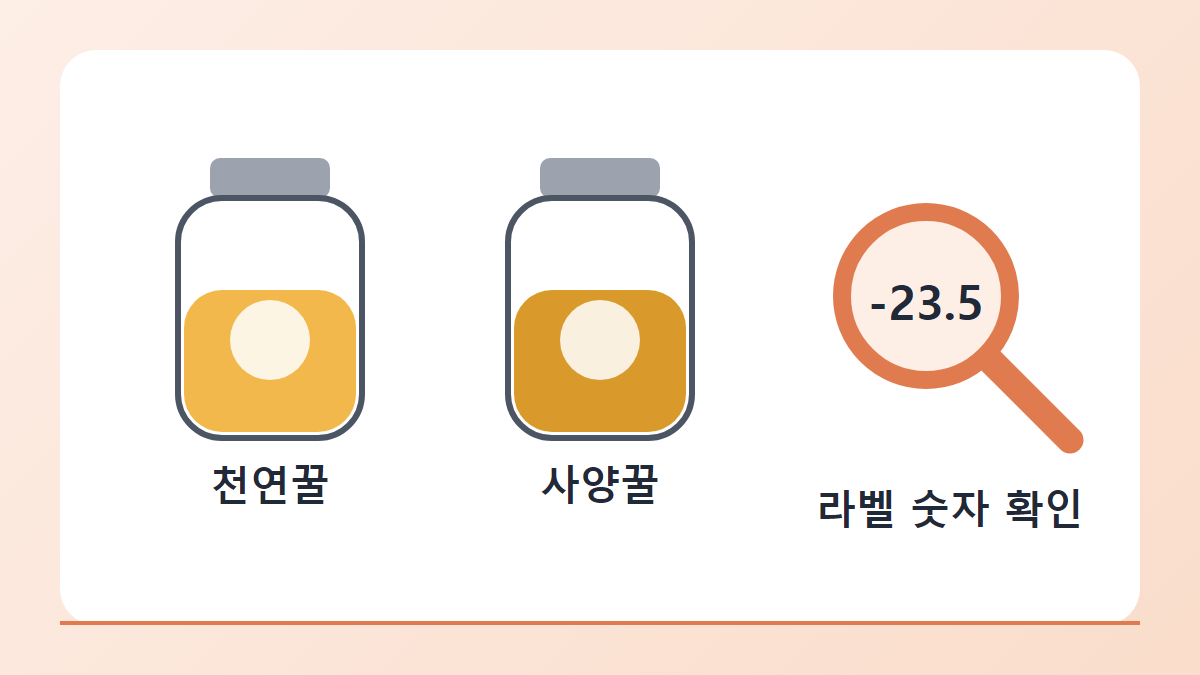 천연꿀 병과 사양꿀 병을 나란히 놓고 돋보기로 라벨의 탄소동위원소비 숫자를 확인하는 일러스트