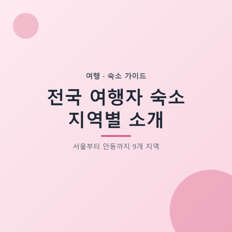 전국 여행자 숙소 지역별 소개 대표 이미지, 서울부터 안동까지 9개 지역
